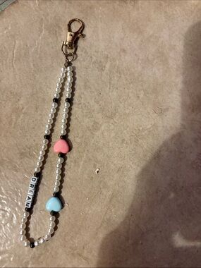 Handmade Pearl Beaded Keychain with Pink & Blue Hearts